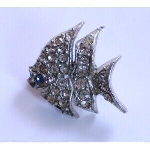 Angel Fish Rhinestone Brooch Pin‎ Silver Tone Blue Eye